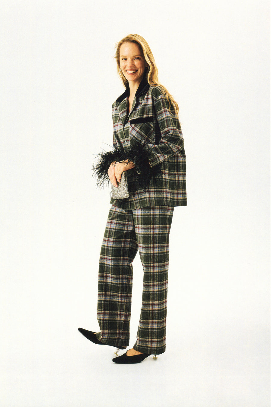 Checked Cotton-Flannel Set with Detachable Feathers in Jade