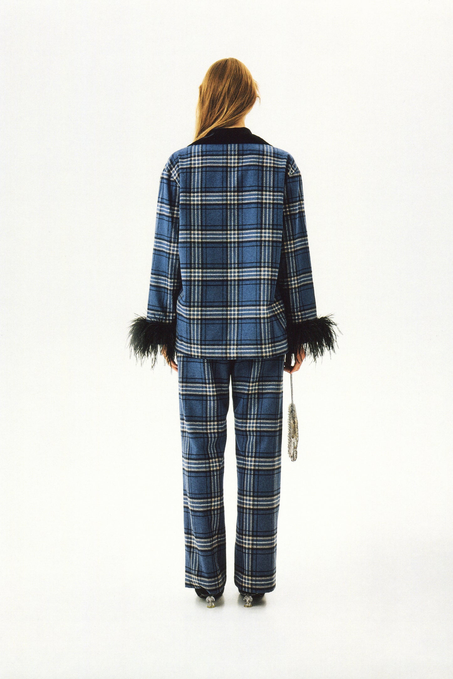 Checked Cotton-Flannel Set with Feathers in Navy Checkered