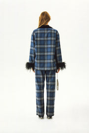 Checked Cotton-Flannel Set with Feathers in Navy Checkered