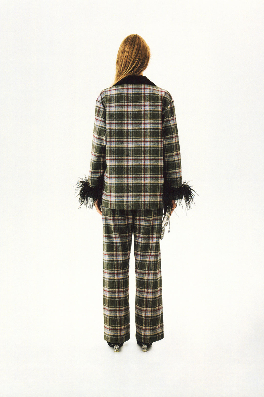 Checked Cotton-Flannel Set with Detachable Feathers in Jade