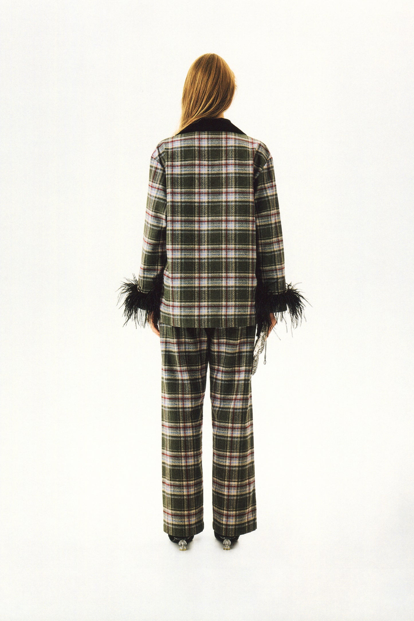 Checked Cotton-Flannel Set with Detachable Feathers in Jade
