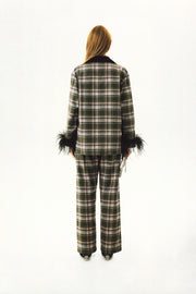 Checked Cotton-Flannel Set with Detachable Feathers in Jade
