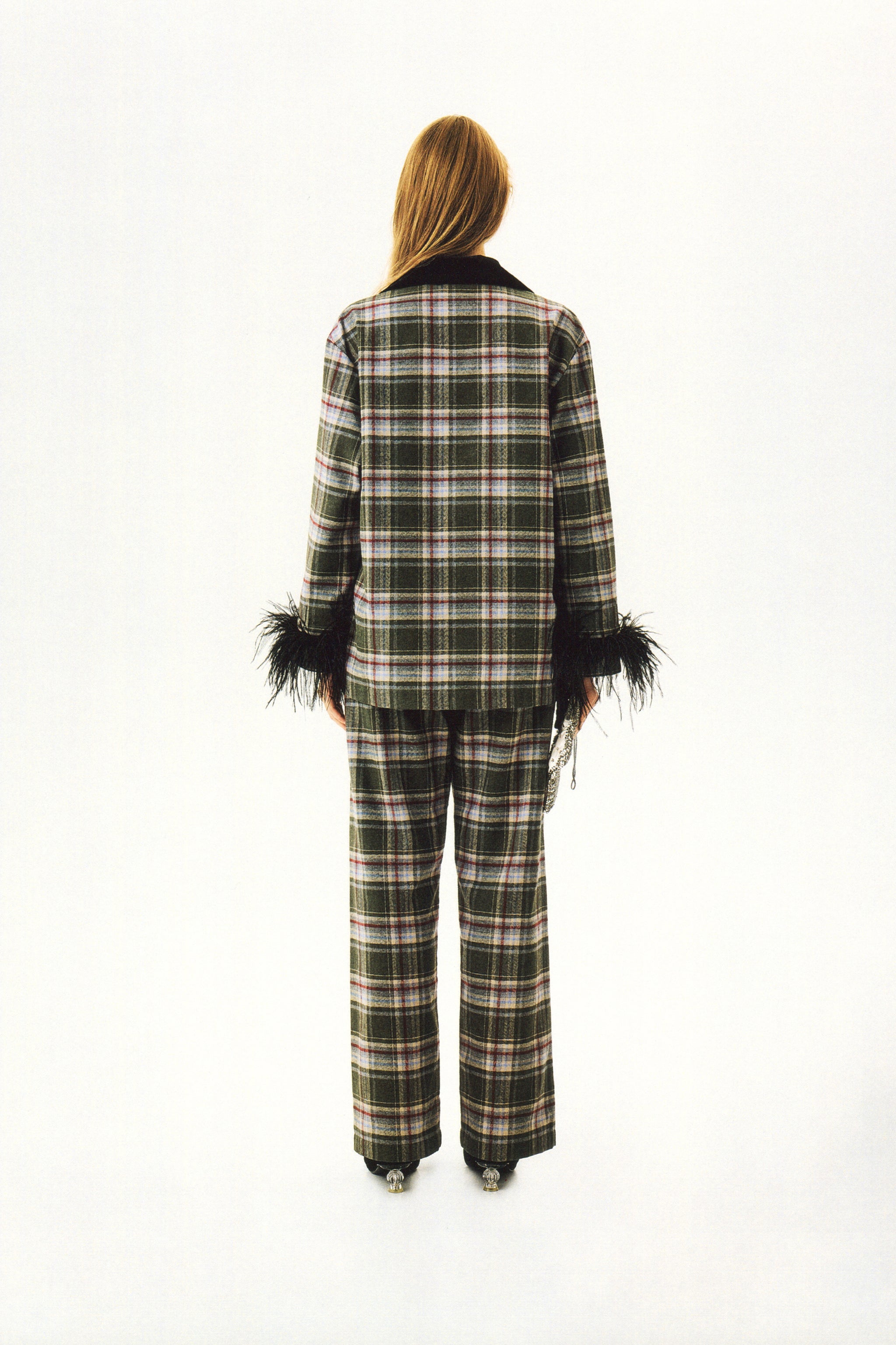 Checked Cotton-Flannel Set with Detachable Feathers in Jade