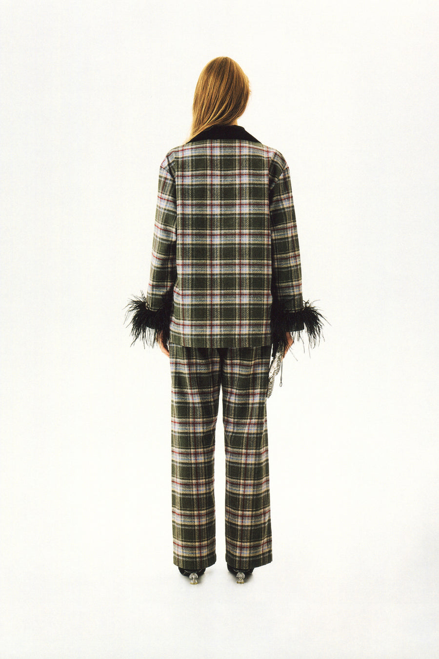 Checked Cotton-Flannel Set with Detachable Feathers in Jade