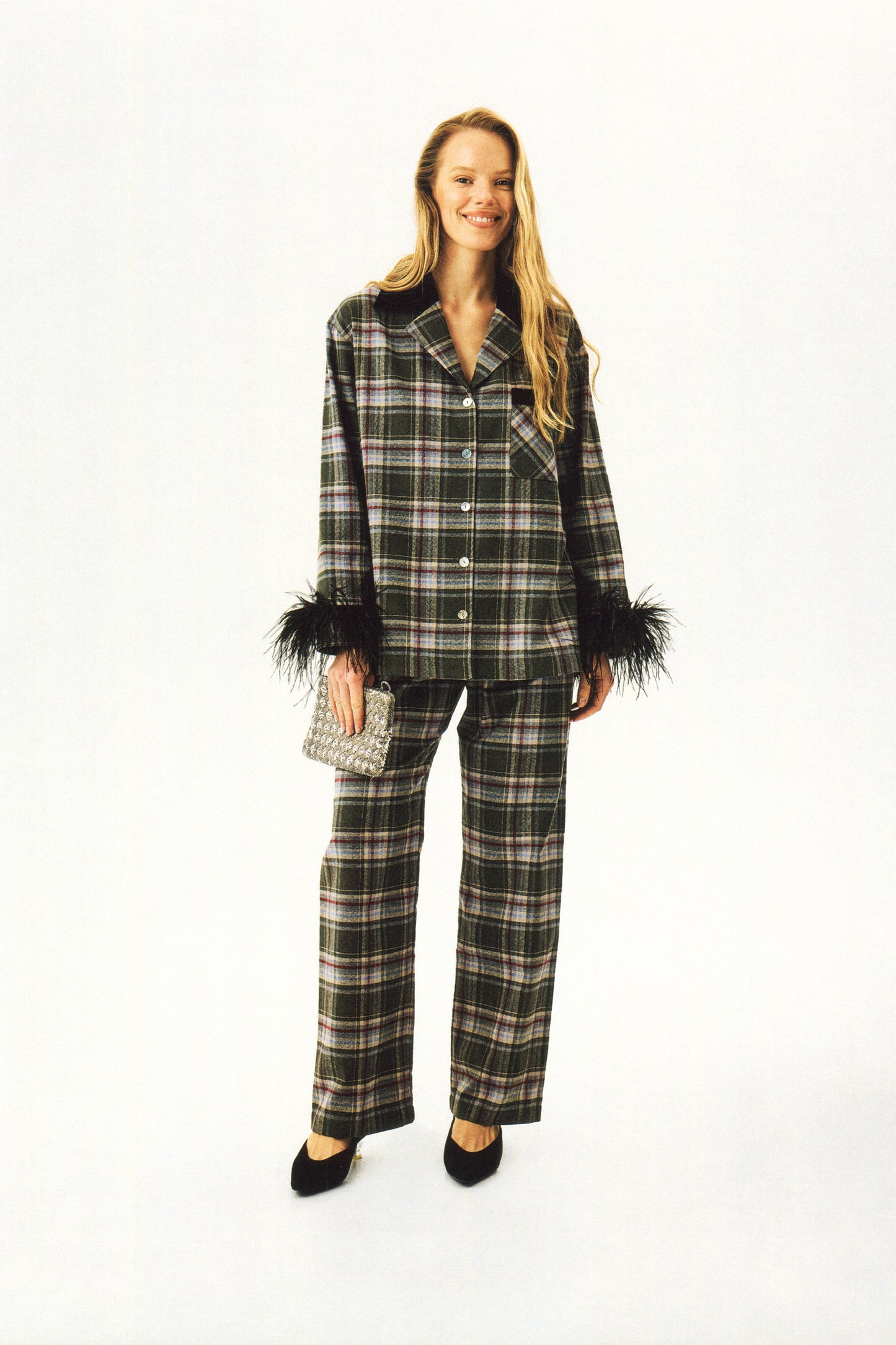 Checked Cotton-Flannel Set with Detachable Feathers in Jade