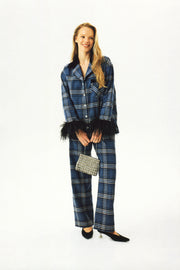 Checked Cotton-Flannel Set with Feathers in Navy Checkered