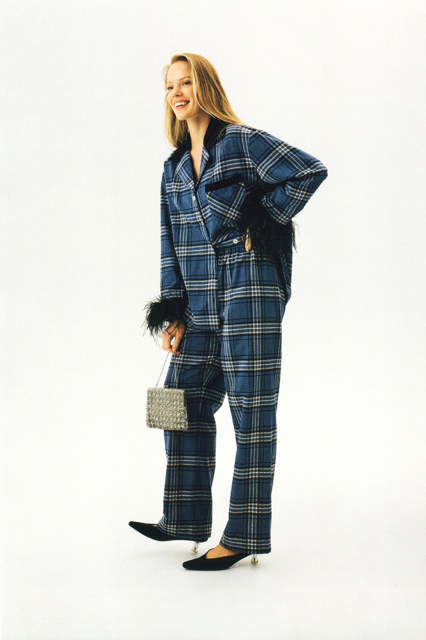 Checked Cotton-Flannel Set with Feathers in Navy Checkered