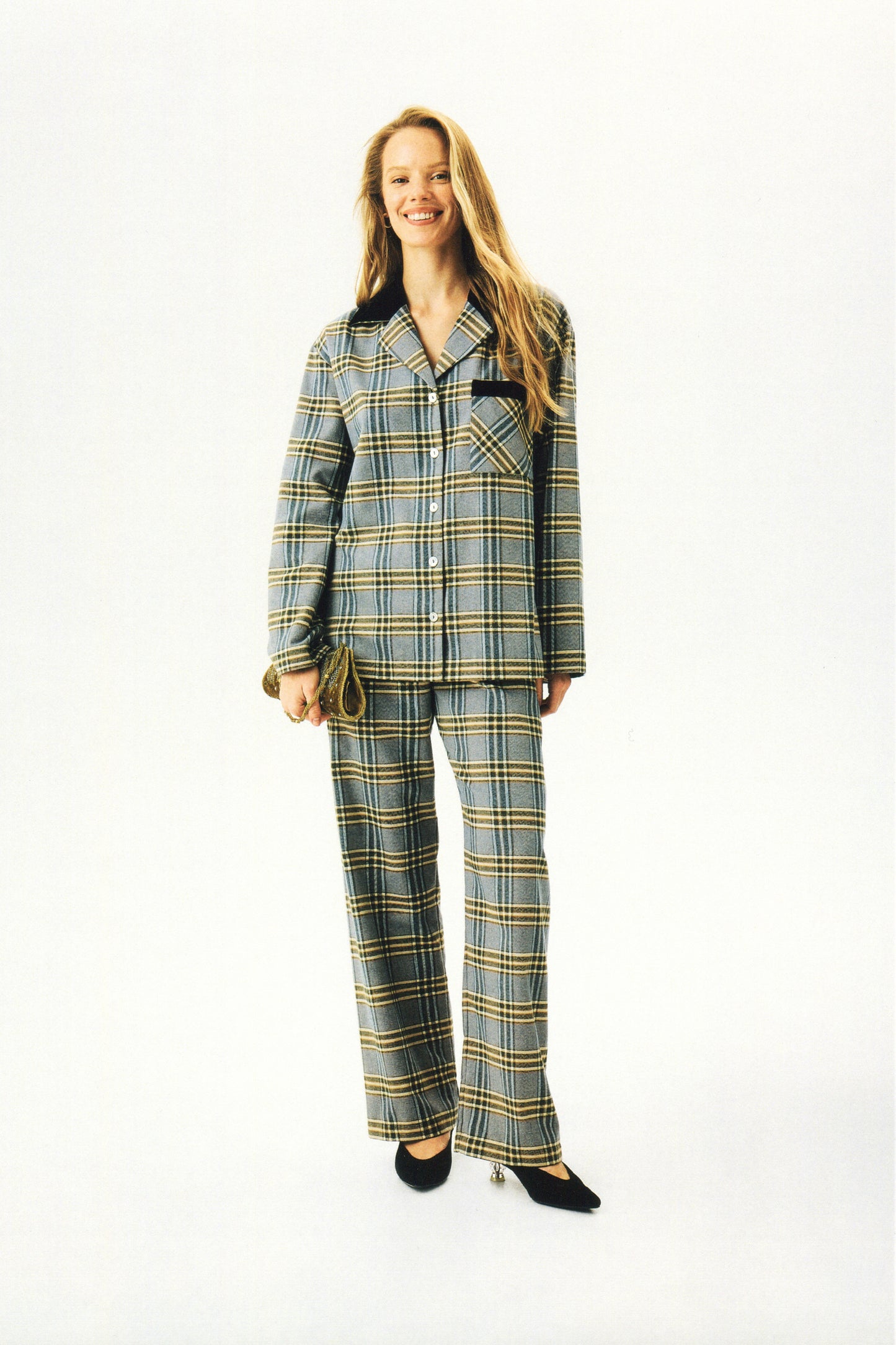 Checked Cotton-Flannel Set in Blue and Grey Checkered