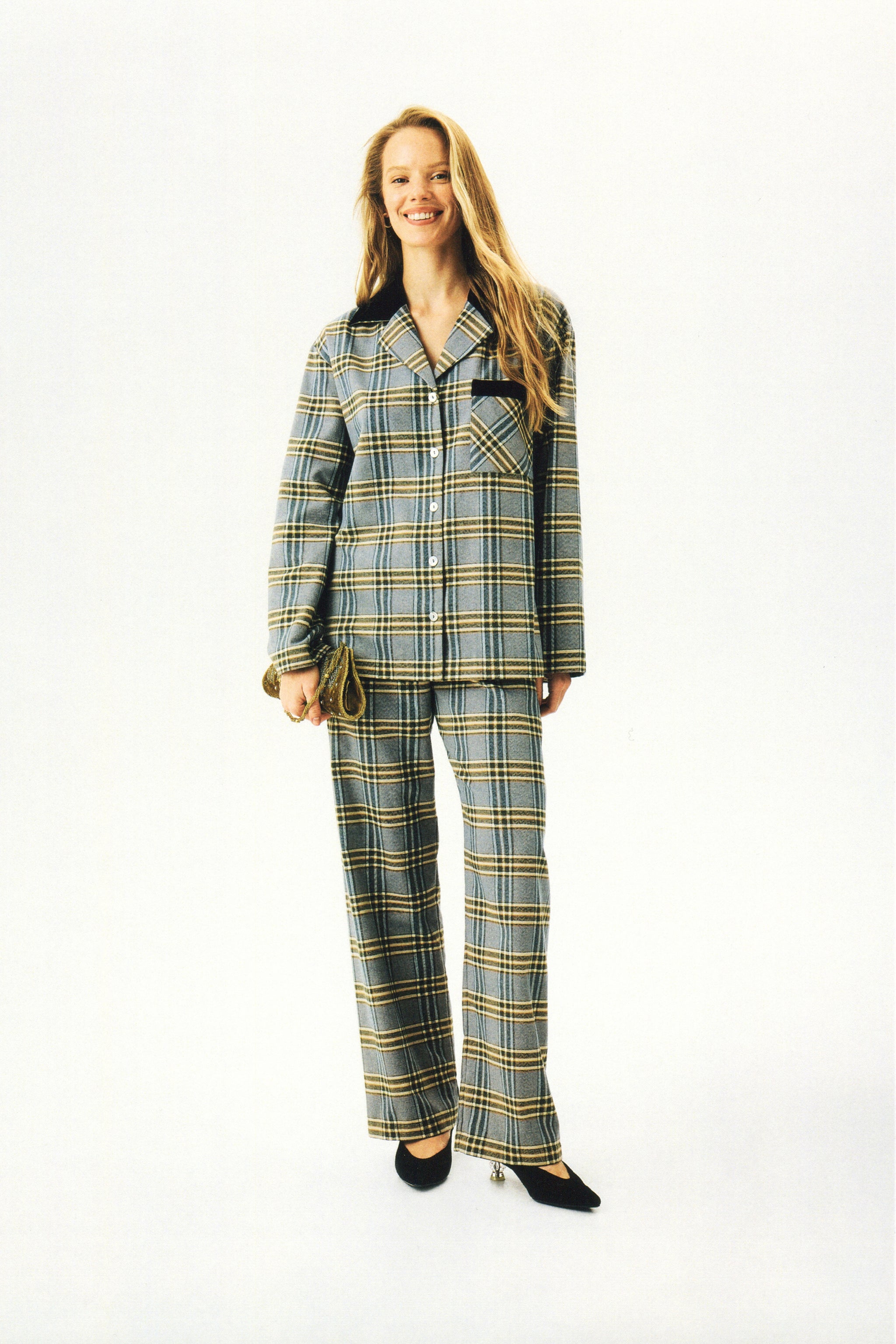 Checked Cotton-Flannel Set in Blue and Grey Checkered