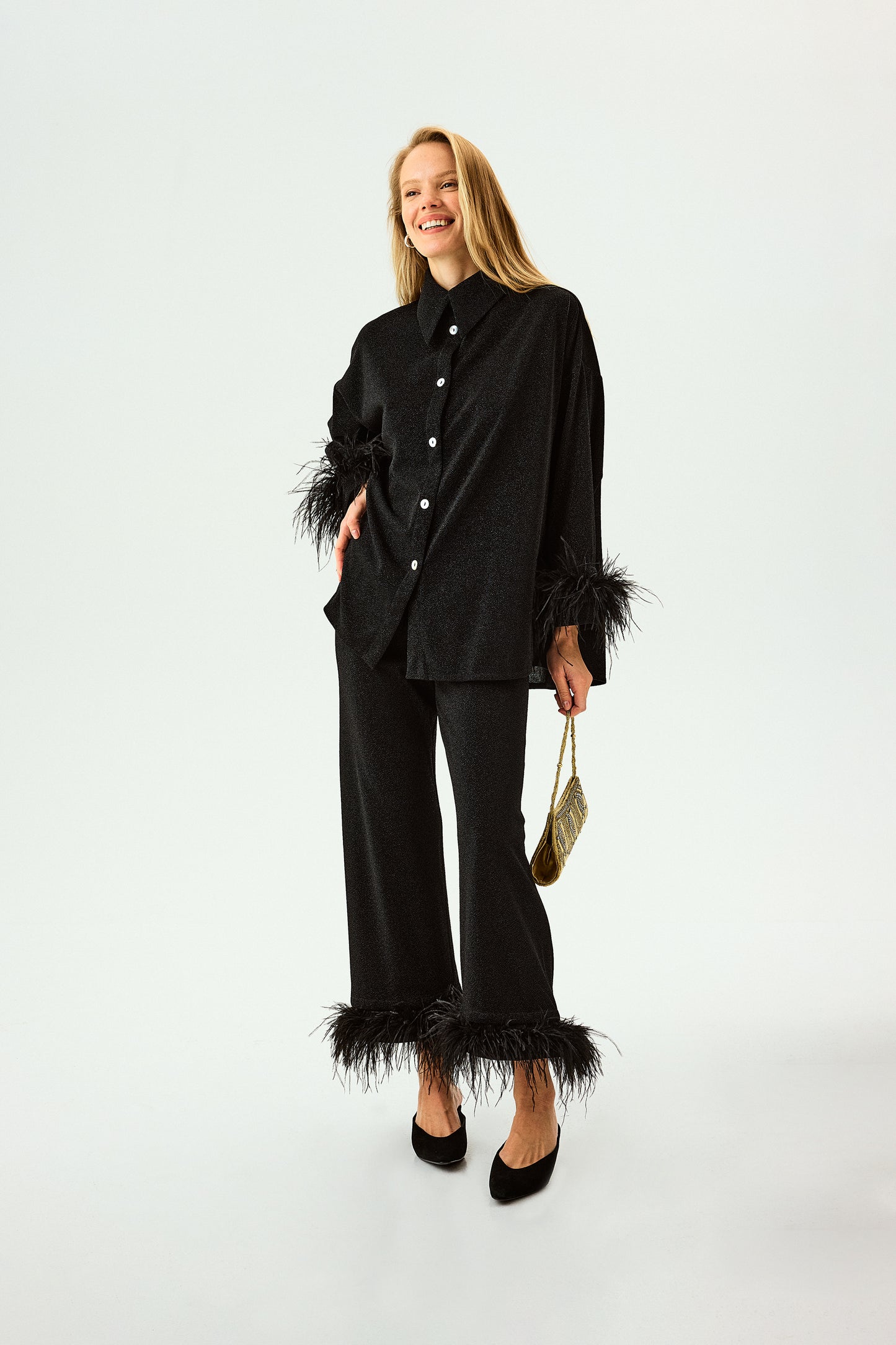 Cosmos Oversized Metallic Jersey Pajama Set in Black