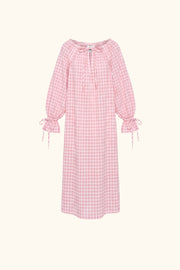 Cha-Cha Linen Maxi Dress in Pink Vichy with Hair Ribbon