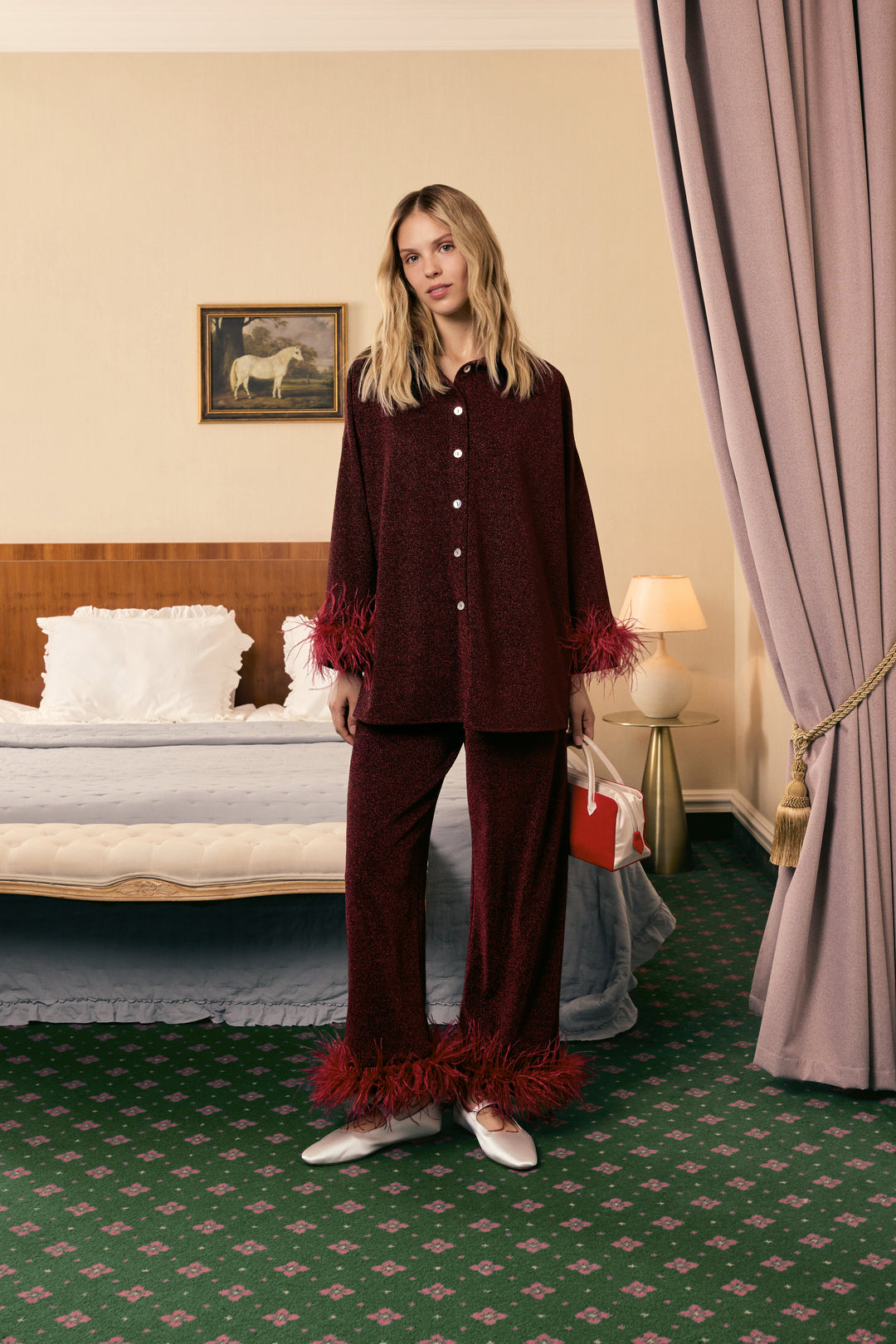 Cosmos Oversized Lurex Pajama Set in Burgundy