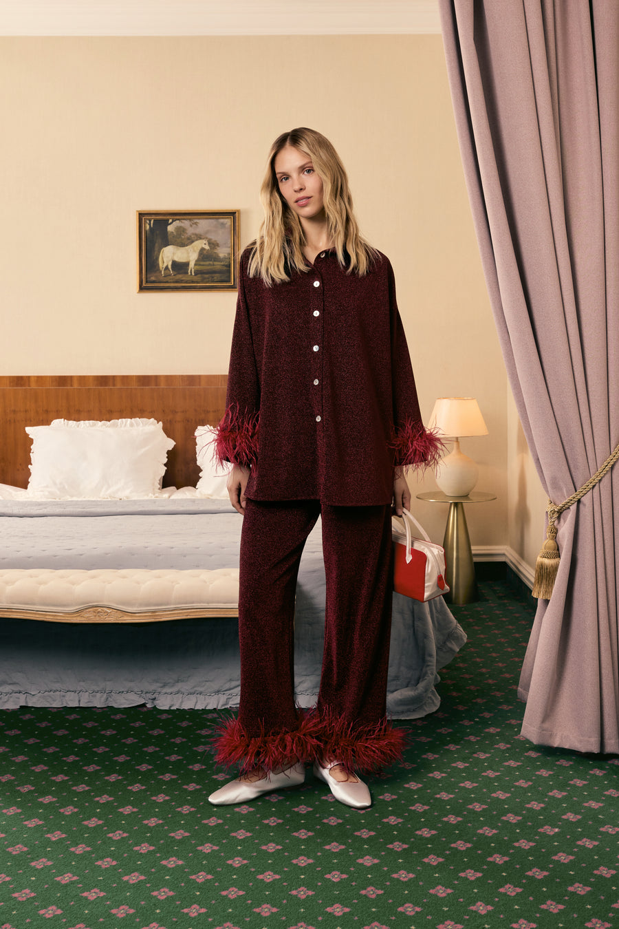 Cosmos Oversized Lurex Pajama Set in Burgundy