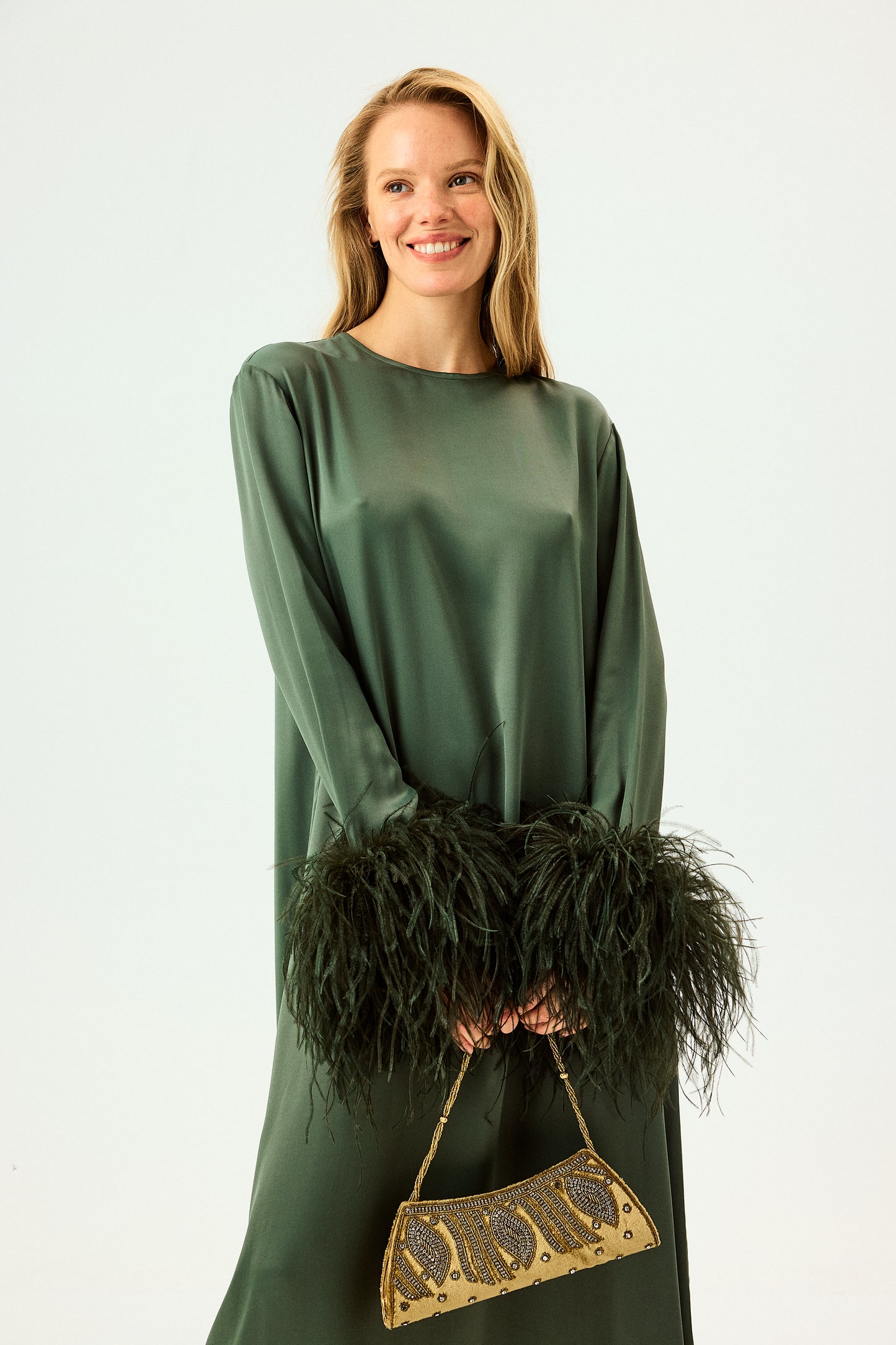 Suzi Maxi Dress with Detachable Feathers in Green