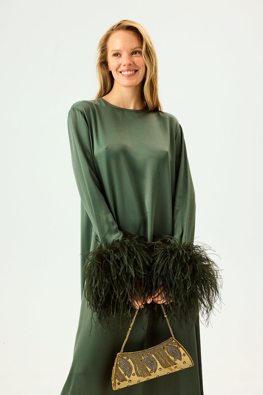 Suzi Maxi Dress with Detachable Feathers in Green