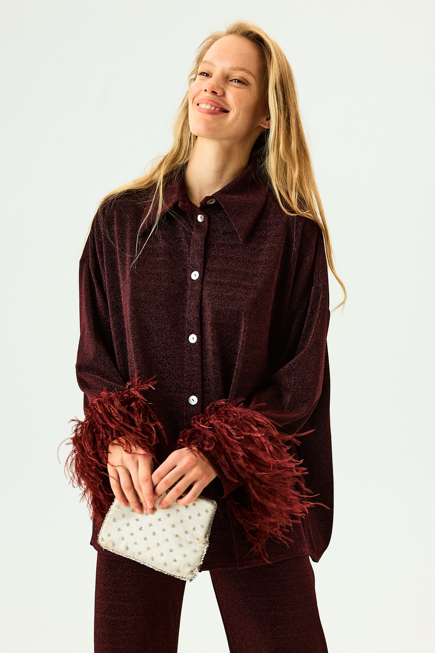 Cosmos Oversized Lurex Pajama Set in Burgundy