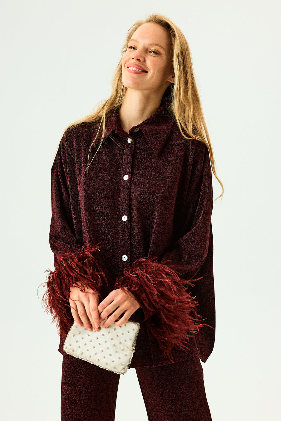 Cosmos Oversized Lurex Pajama Set in Burgundy