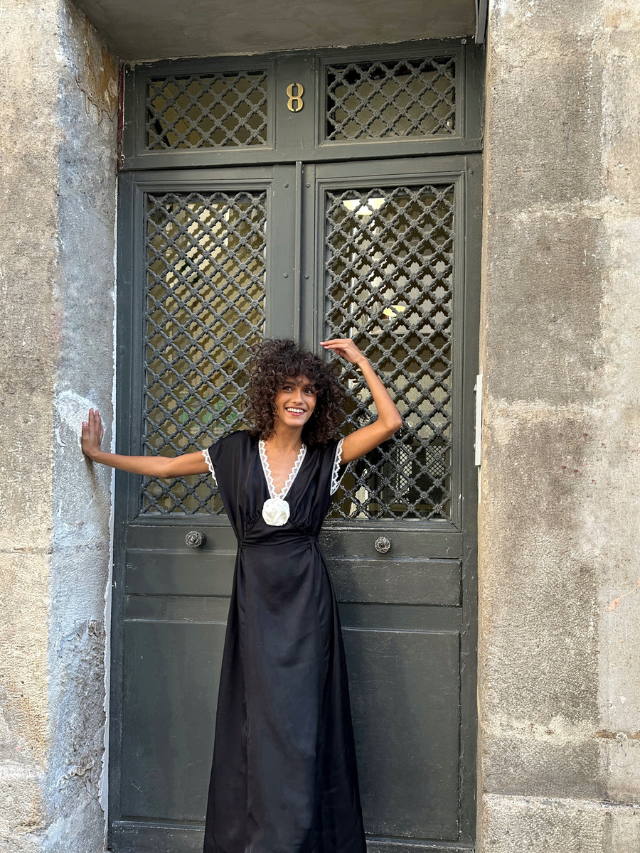 The Genus Rosa Satin Dress in Black Sleeper The Genus Rosa Satin Dress in Black Sleeper
