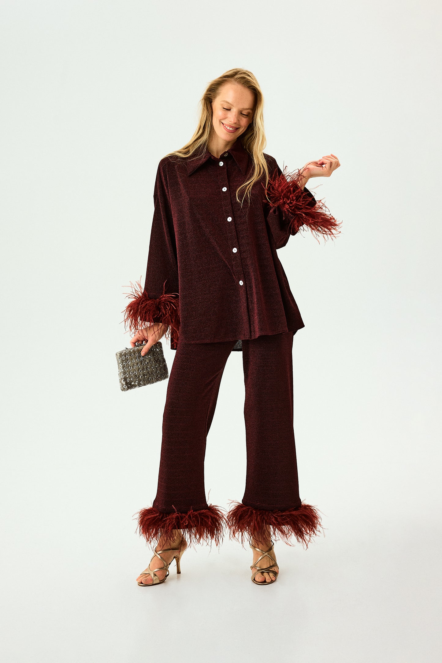 Cosmos Oversized Lurex Pajama Set in Burgundy