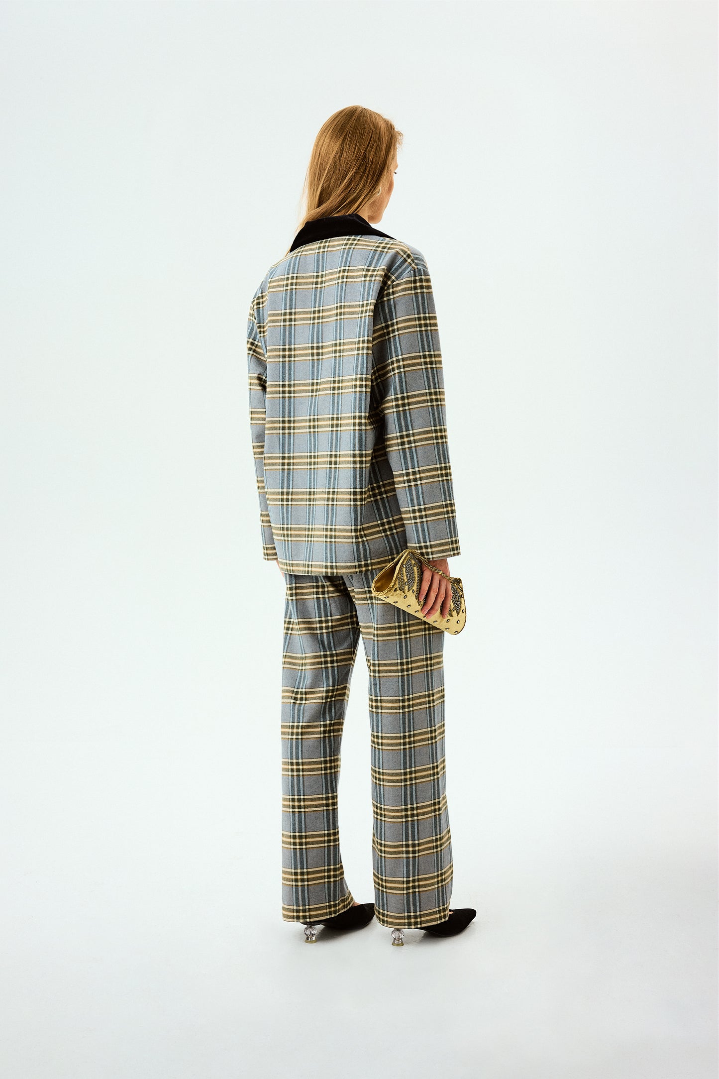 Checked Cotton-Flannel Set in Blue and Grey Checkered