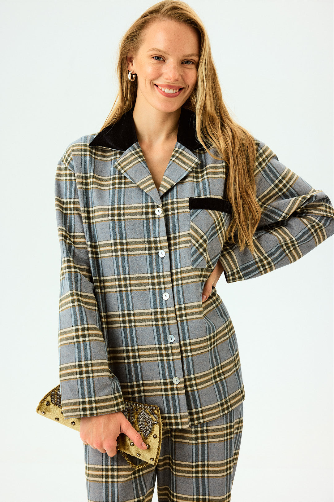 Checked Cotton-Flannel Set in Blue and Grey Checkered