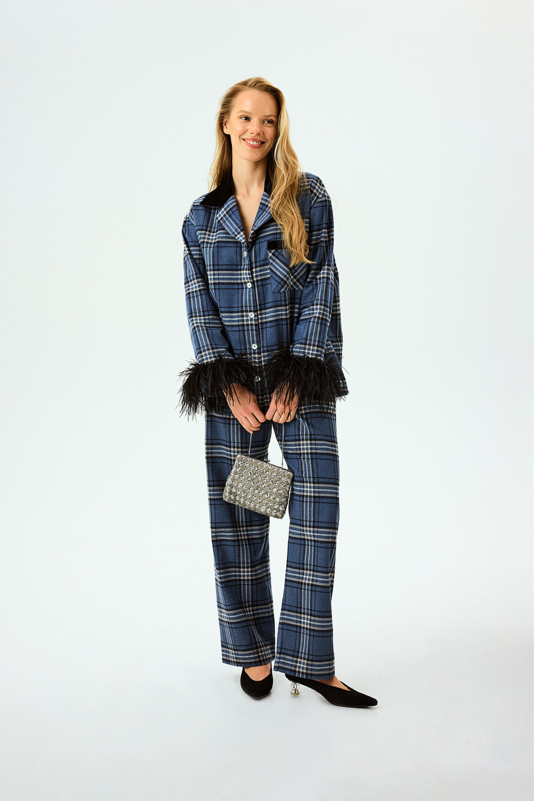 Checked Cotton-Flannel Set with Feathers in Navy Checkered