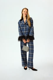 Checked Cotton-Flannel Set with Feathers in Navy Checkered