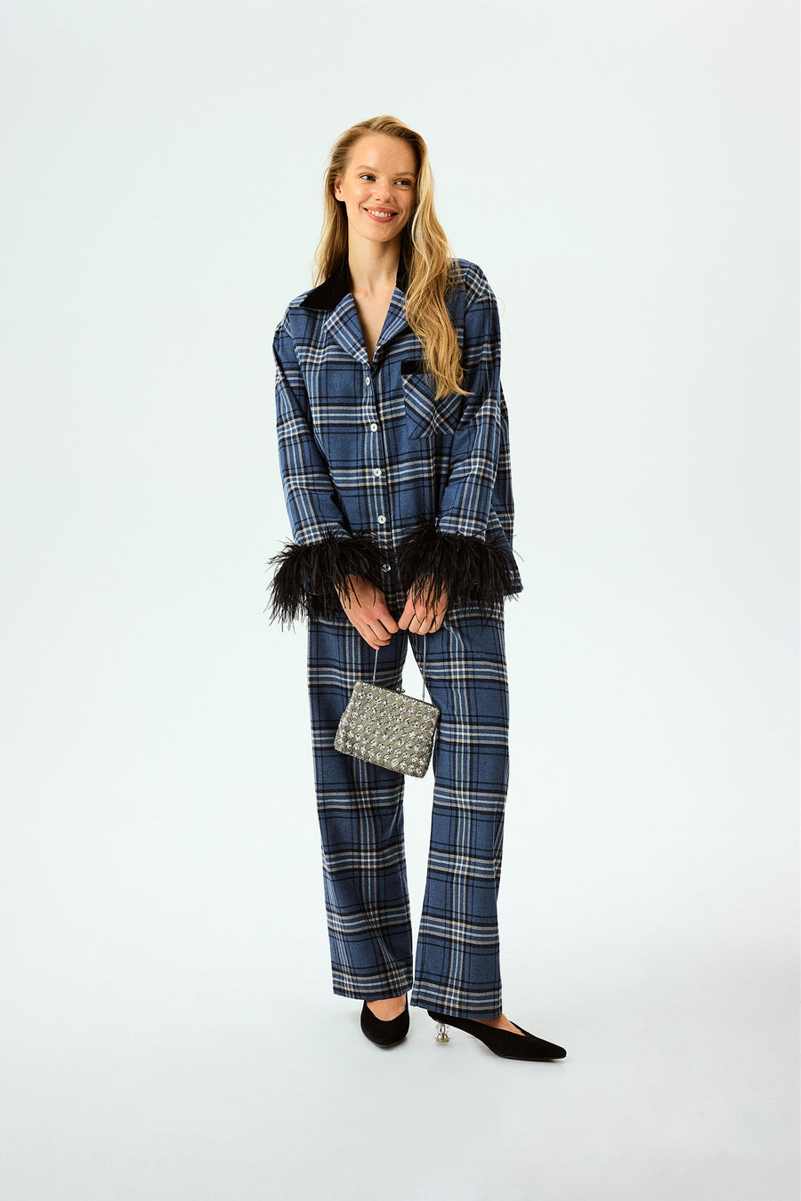 Checked Cotton-Flannel Set with Feathers in Navy Checkered