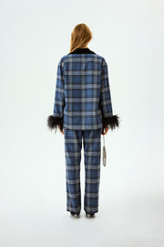 Checked Cotton-Flannel Set with Feathers in Navy Checkered
