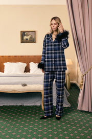 Checked Cotton-Flannel Set with Feathers in Navy Checkered
