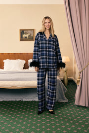 Checked Cotton-Flannel Set with Feathers in Navy Checkered