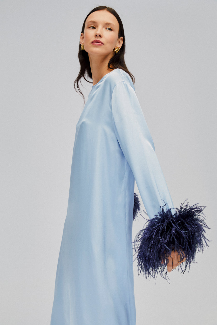 Suzi Maxi Dress With Detachable Feathers in Blue