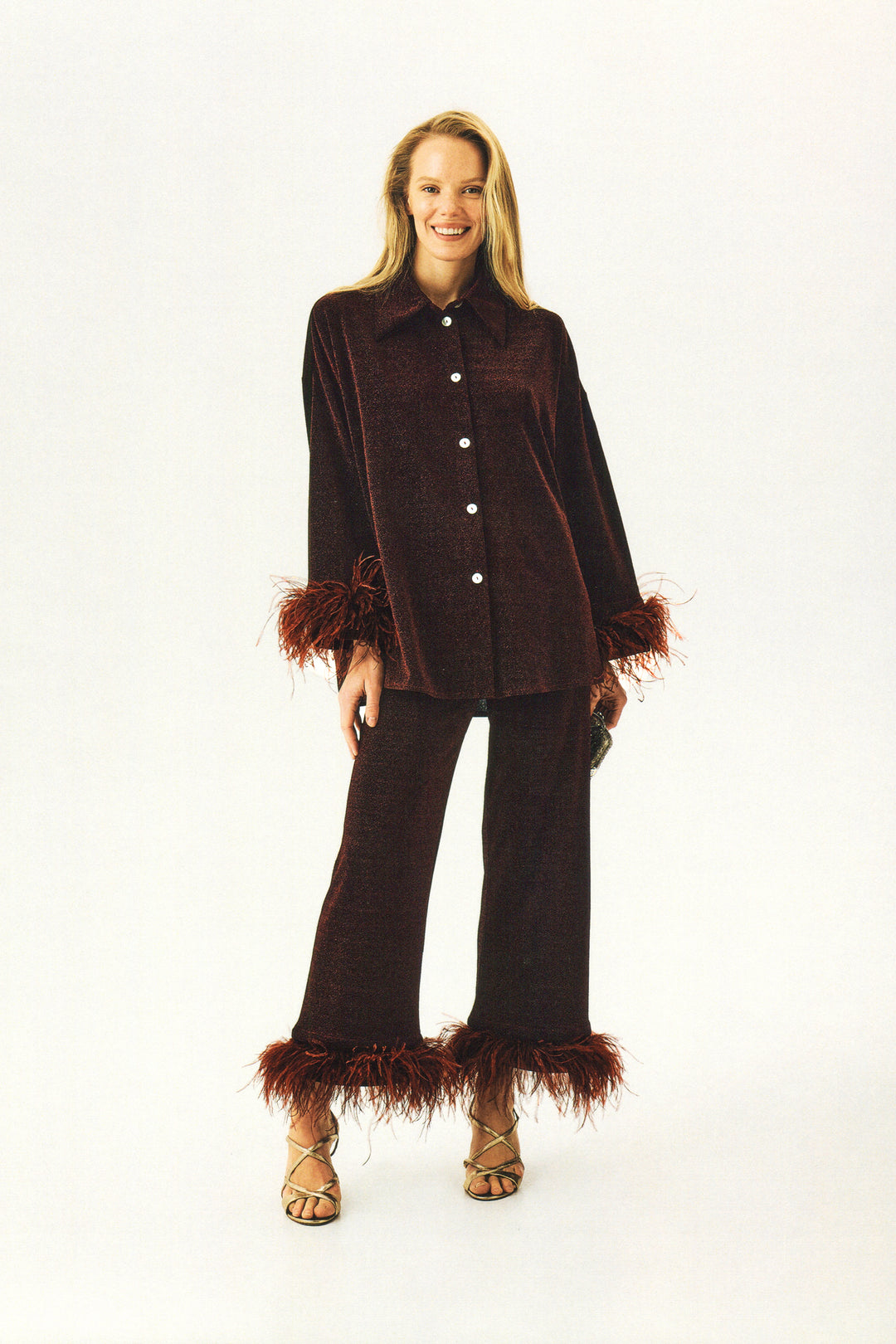 Cosmos Oversized Lurex Pajama Set in Burgundy