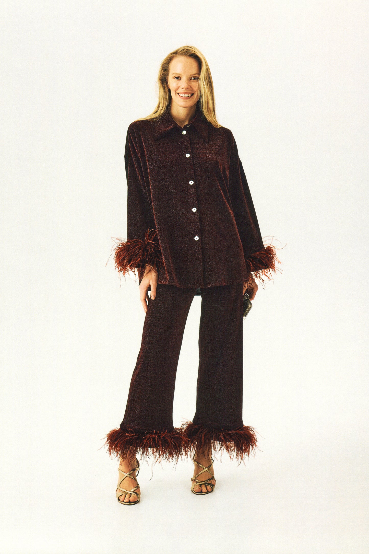 Cosmos Oversized Lurex Pajama Set in Burgundy