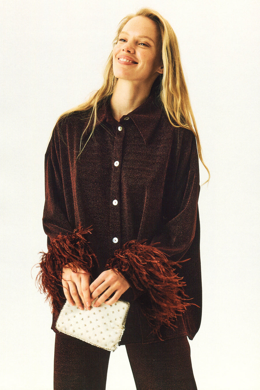 Cosmos Oversized Lurex Pajama Set in Burgundy