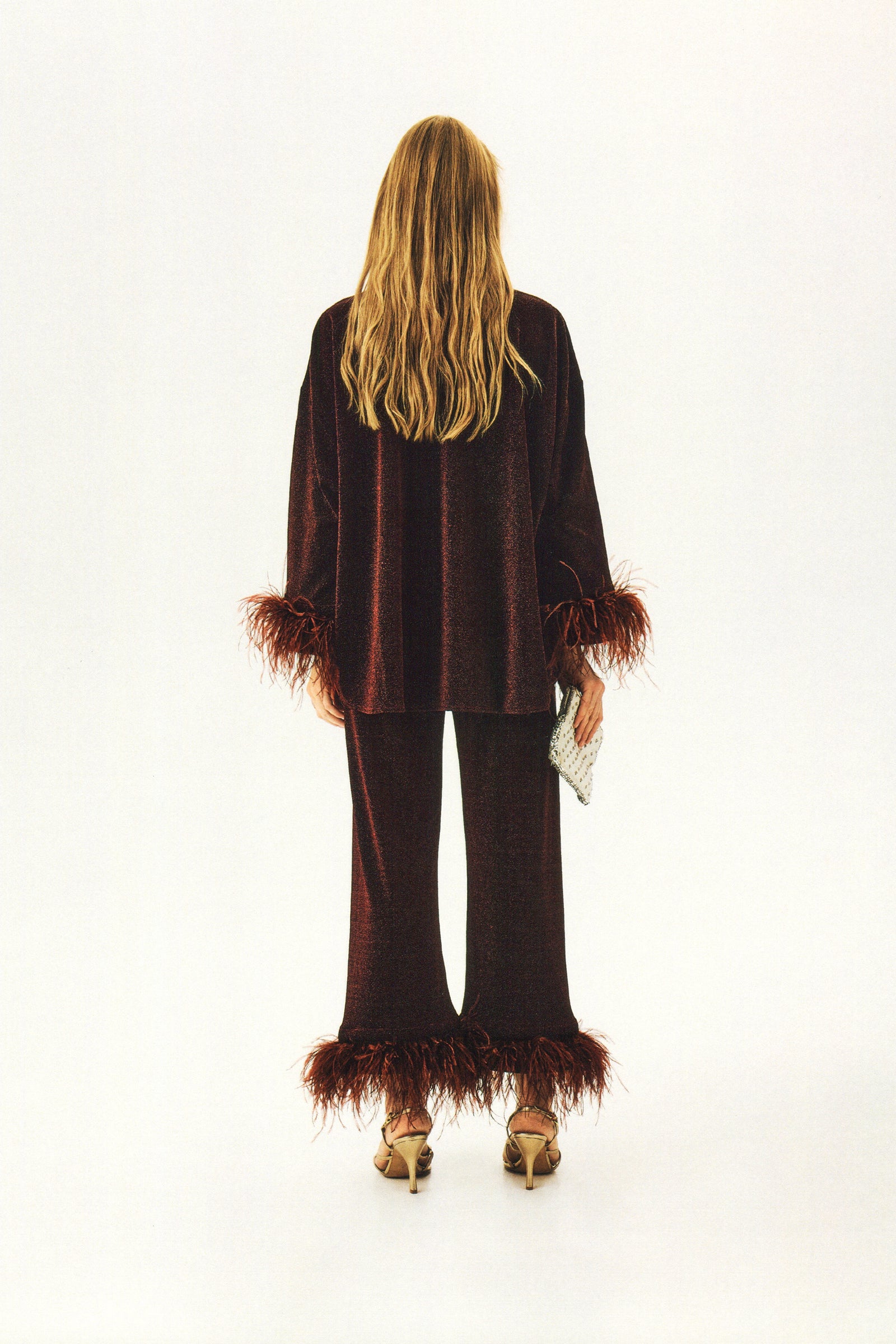 Cosmos Oversized Lurex Pajama Set in Burgundy