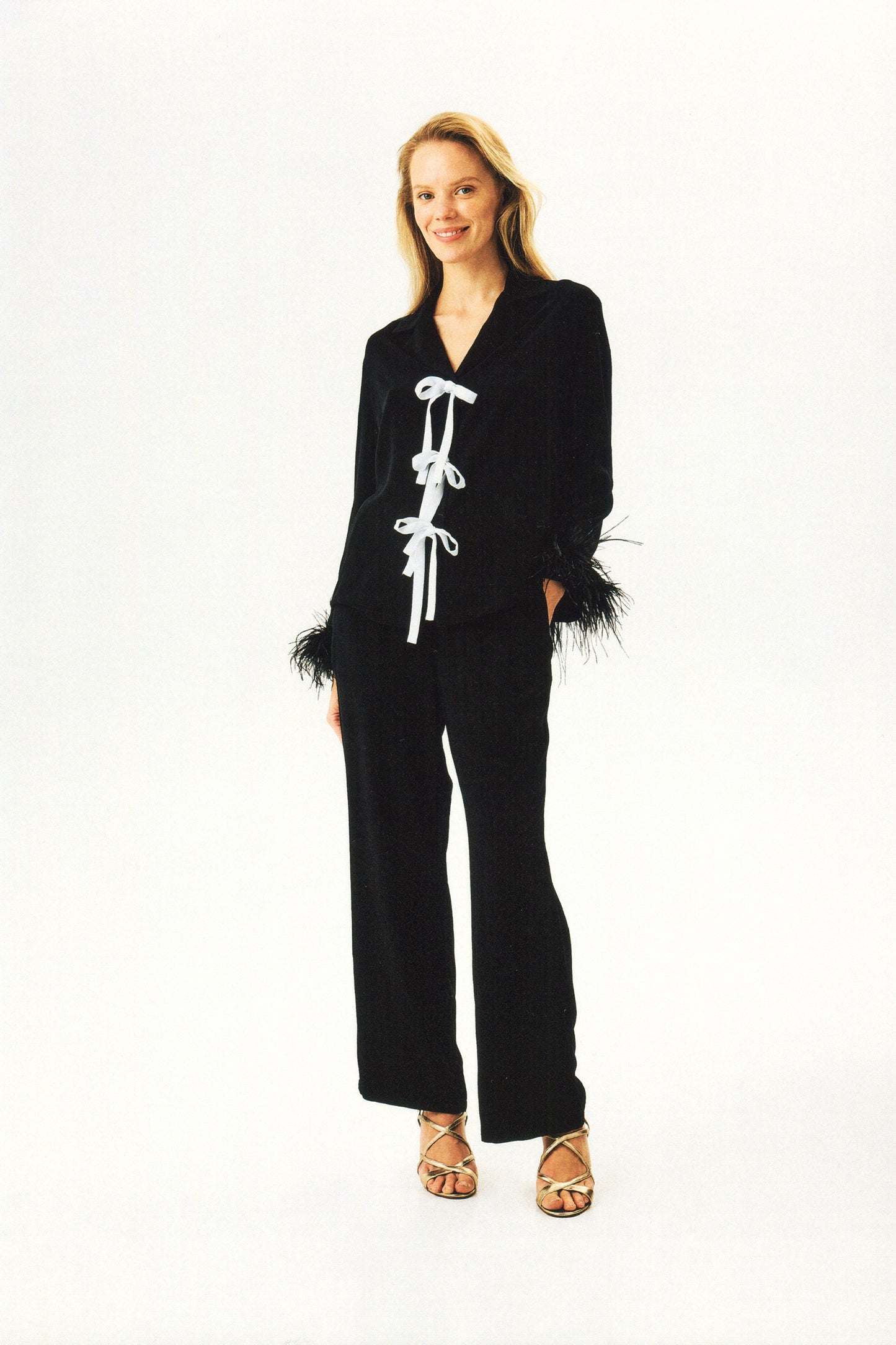 The Bow Pajama Set with Detachable Feathers in Black