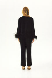 The Bow Pajama Set with Detachable Feathers in Black
