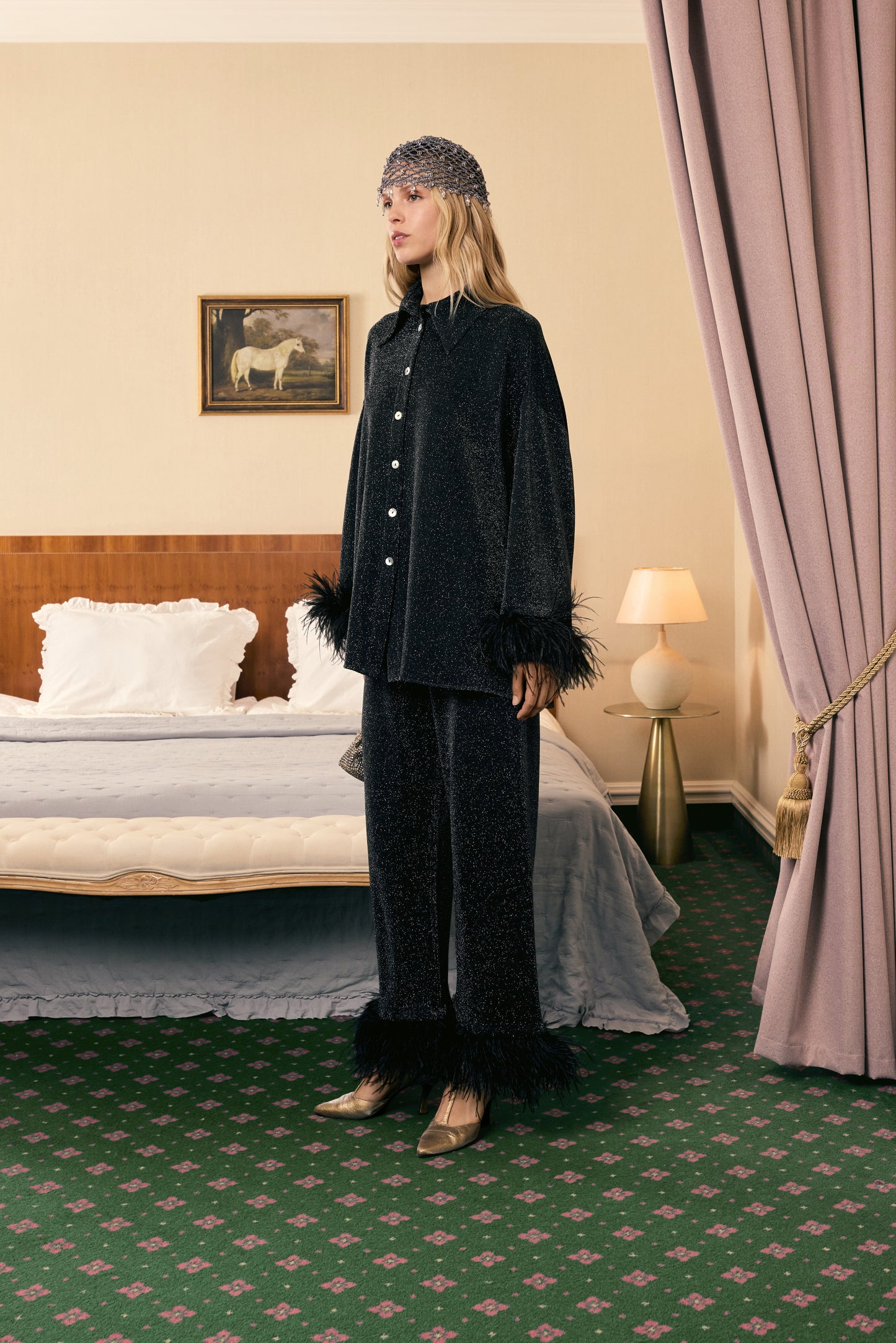 Cosmos Oversized Metallic Jersey Pajama Set in Black