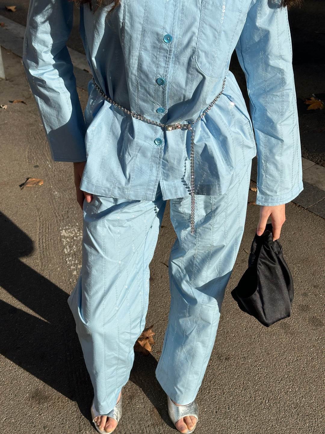 Milky Way Sequined Cotton Pajama Set in Blue