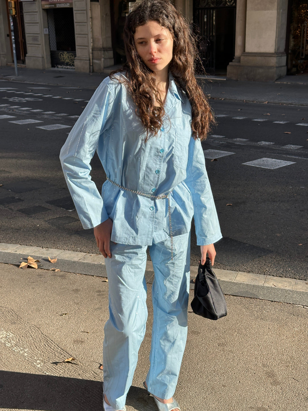 Milky Way Sequined Cotton Pajama Set in Blue