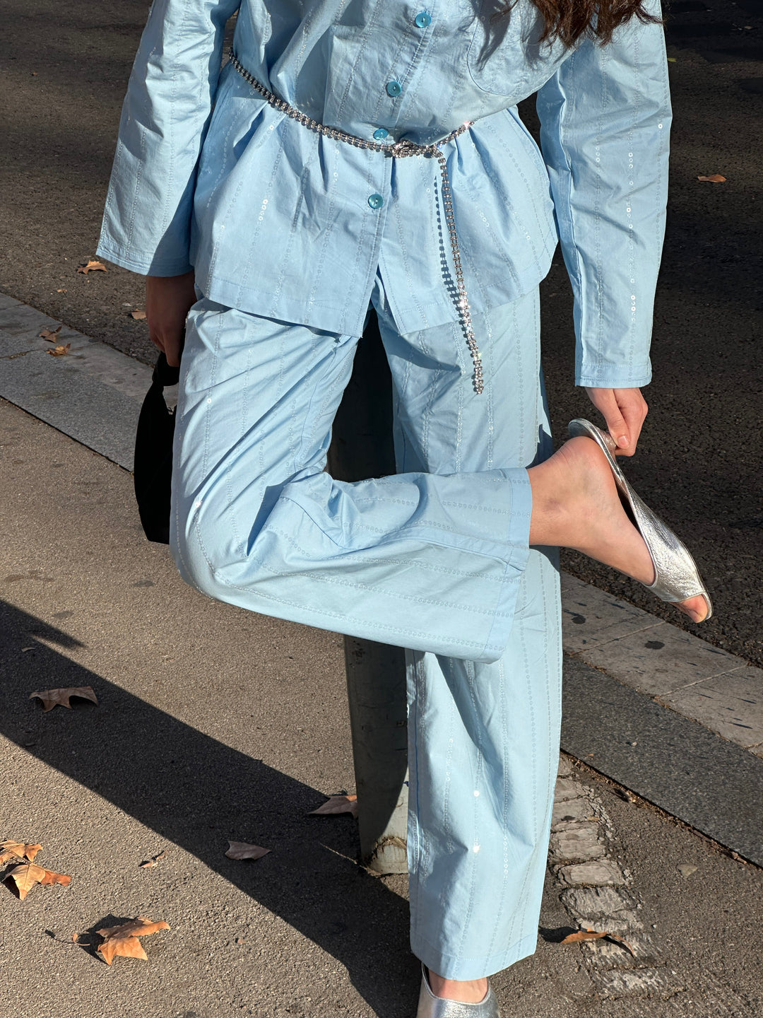 Milky Way Sequined Cotton Pajama Set in Blue