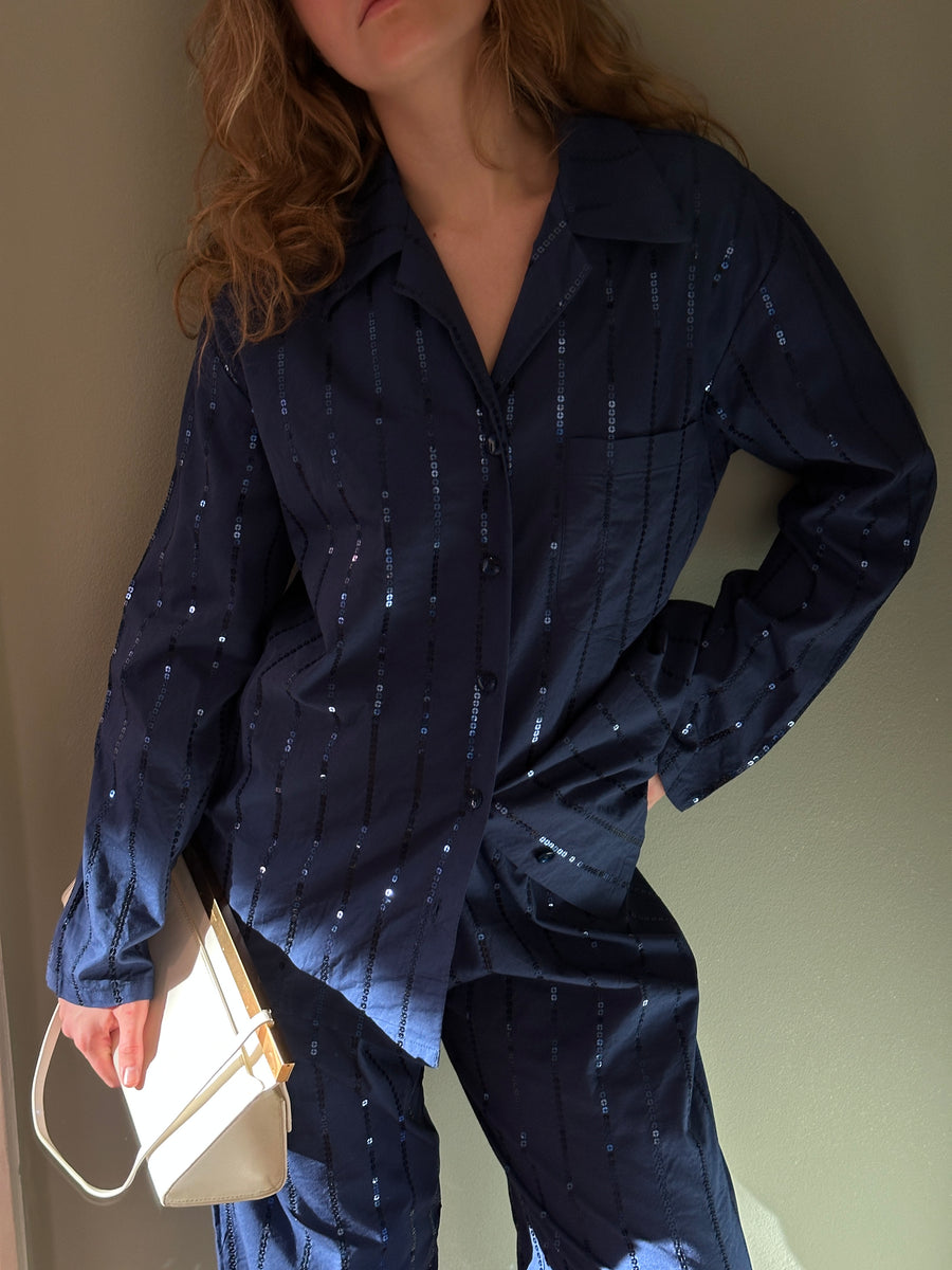 Milky Way Sequined Cotton Pajama Set in Navy