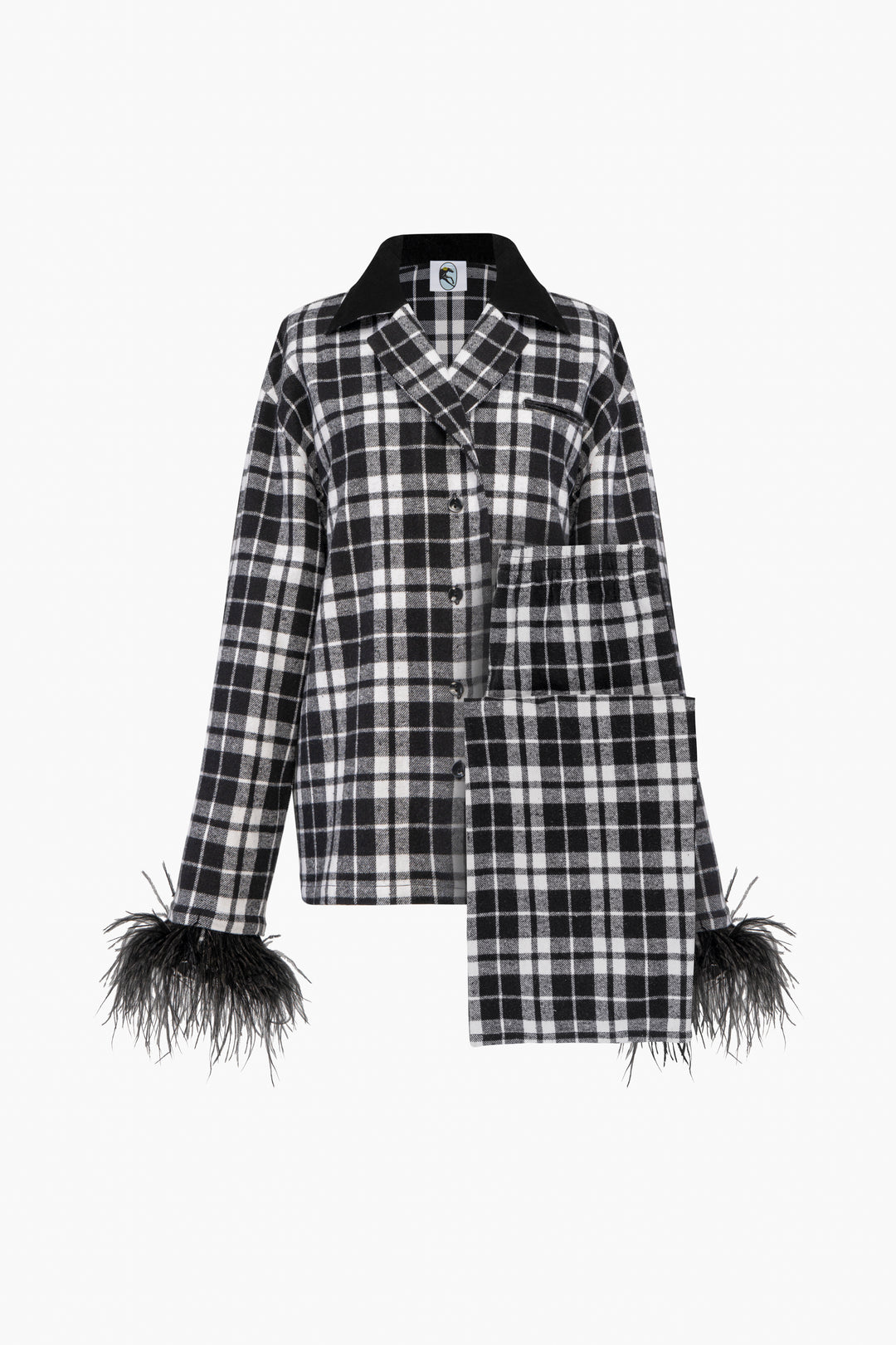 Checked Cotton-Flannel Set with Detachable Feathers in Monochrome