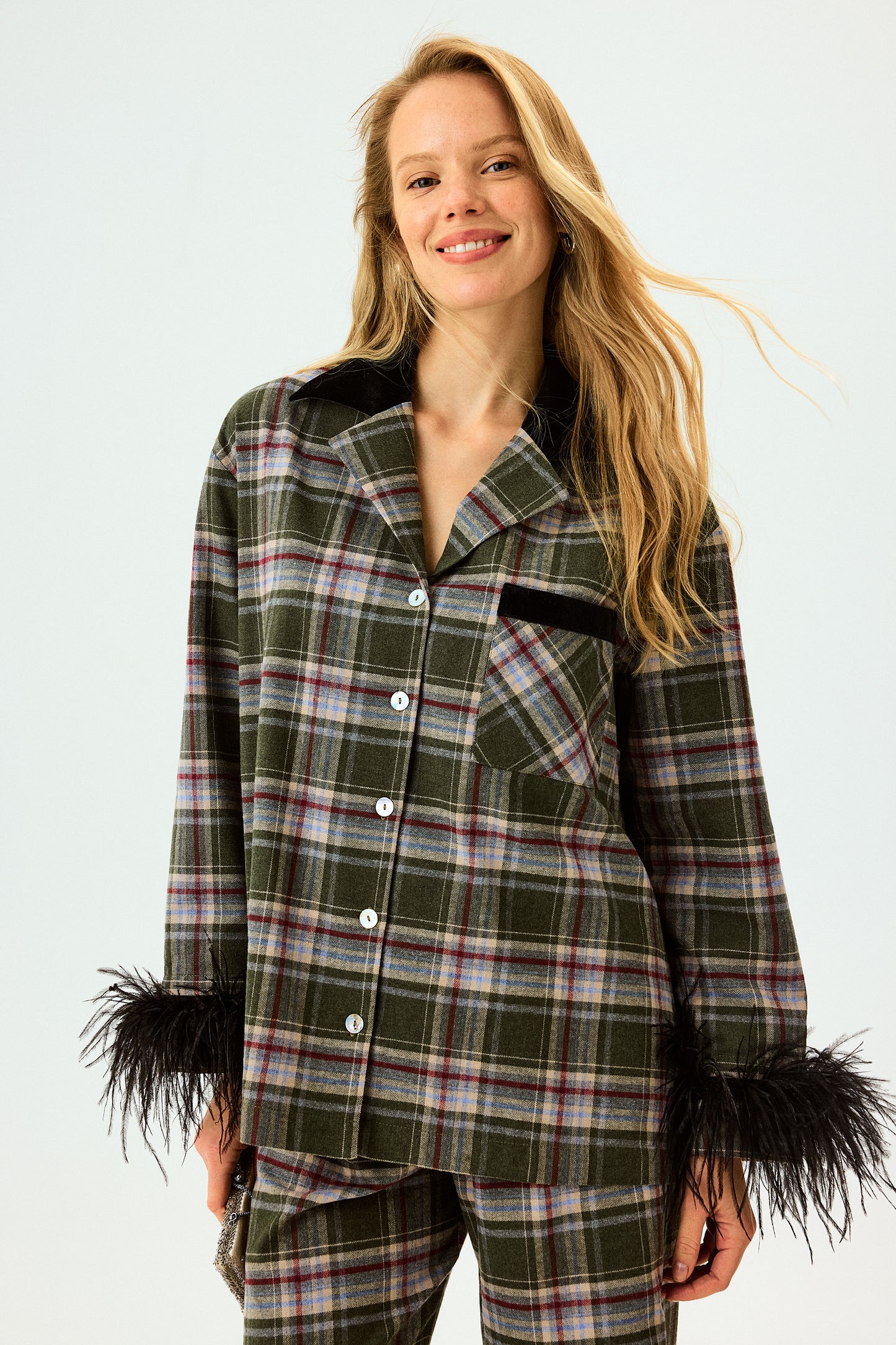 Checked Cotton-Flannel Set with Detachable Feathers in Jade