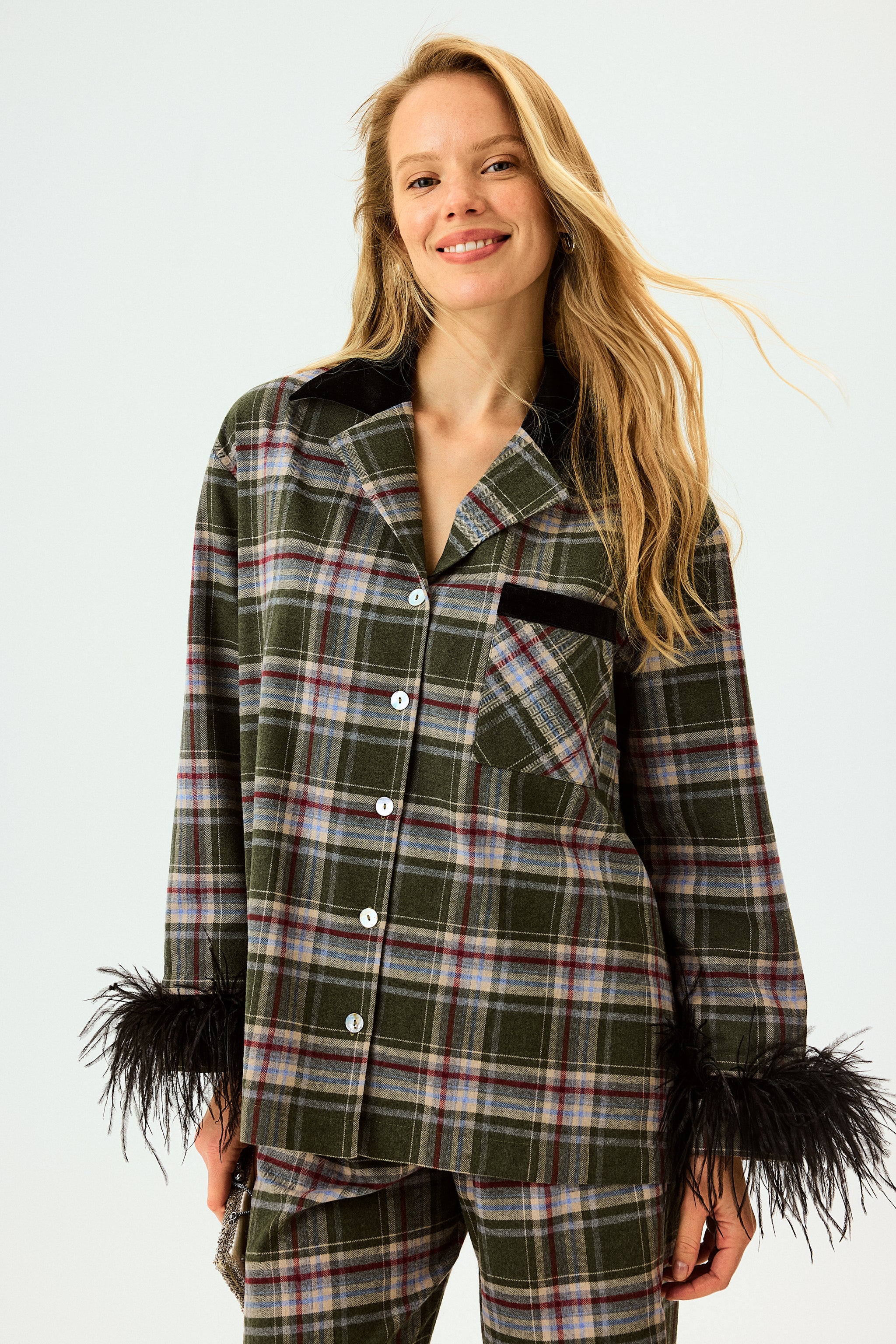 Checked Cotton-Flannel Set with Detachable Feathers in Jade