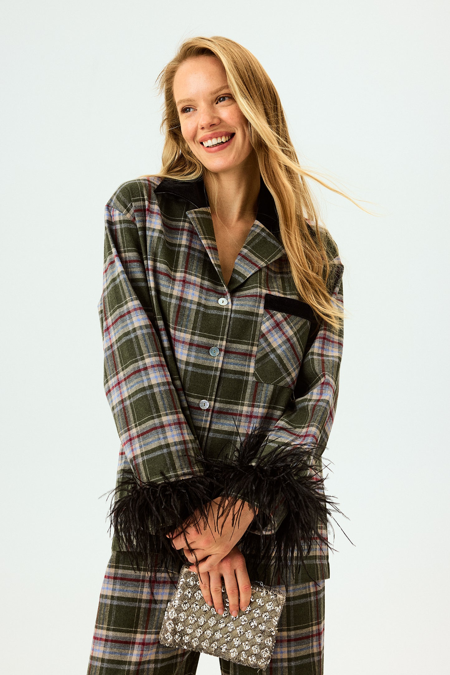 Checked Cotton-Flannel Set with Detachable Feathers in Jade