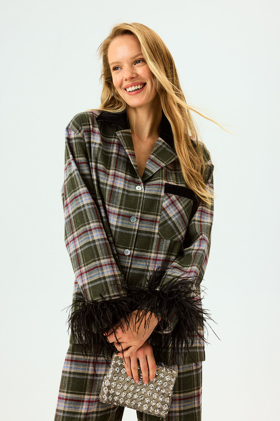 Checked Cotton-Flannel Set with Detachable Feathers in Jade