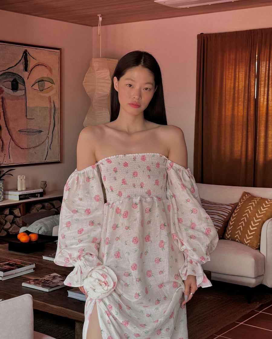 chinese dress ladies Atlanta Linen Dress with Rose Detail in Roses Sleeper chinese dress ladies Atlanta Linen Dress with Rose Detail in Roses Sleeper
