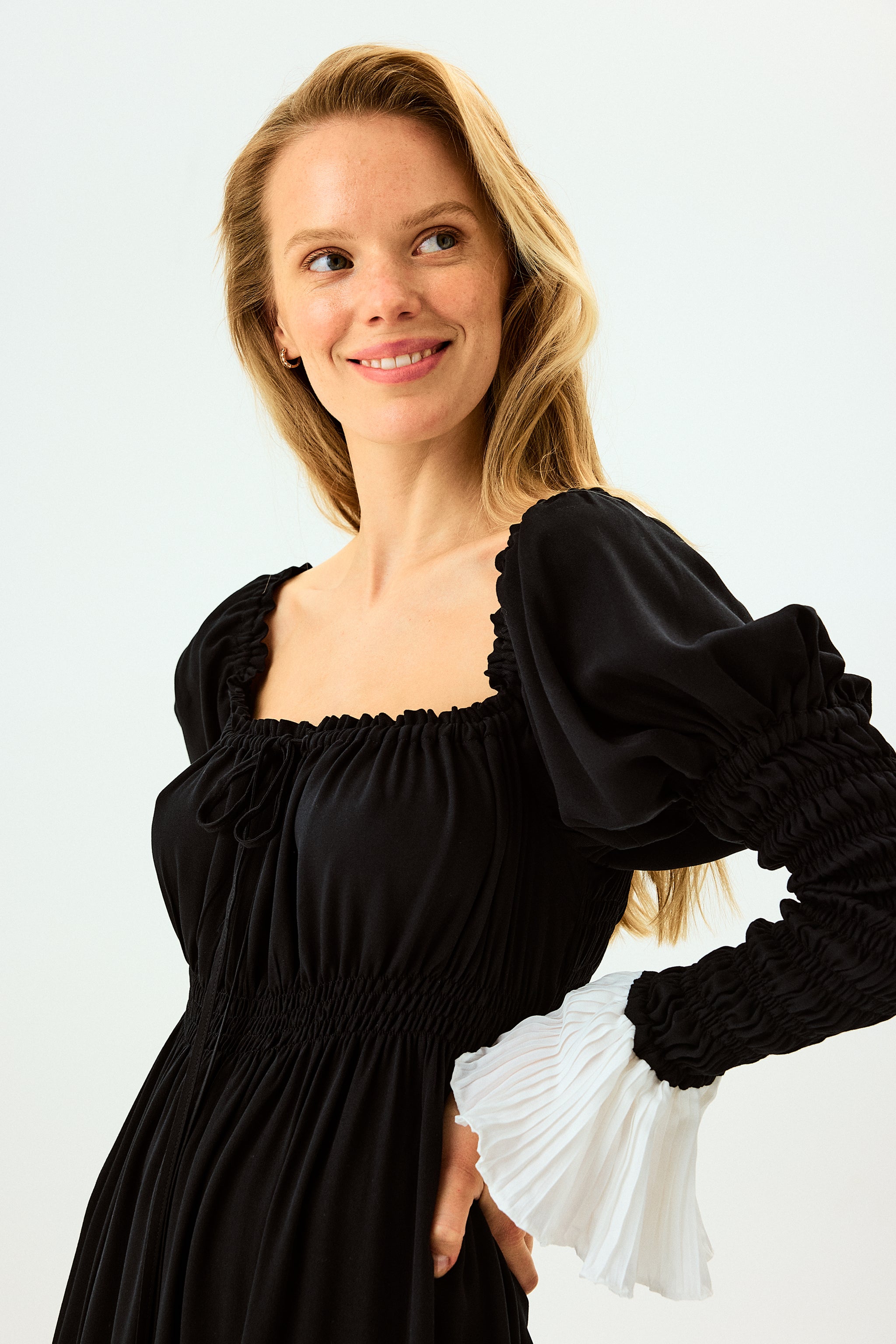 Juliette Shirred Asymmetric Dress in Black